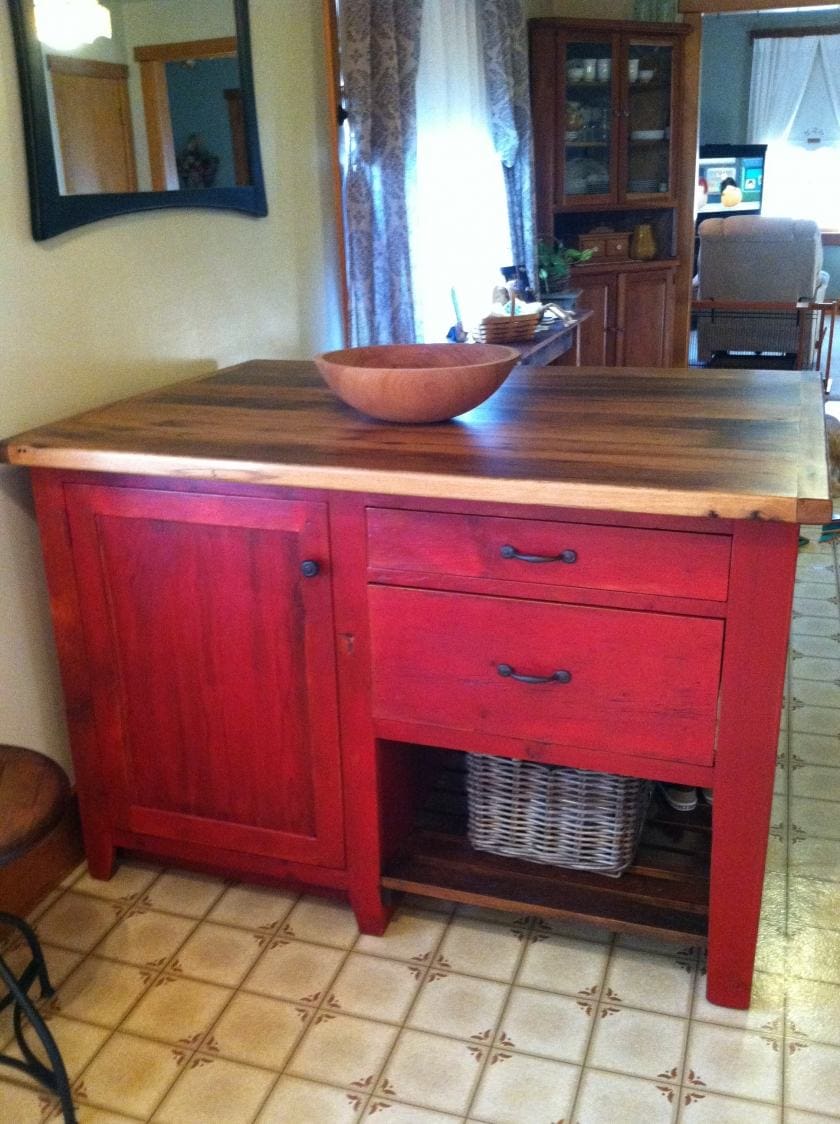 red kit island with oak top 1