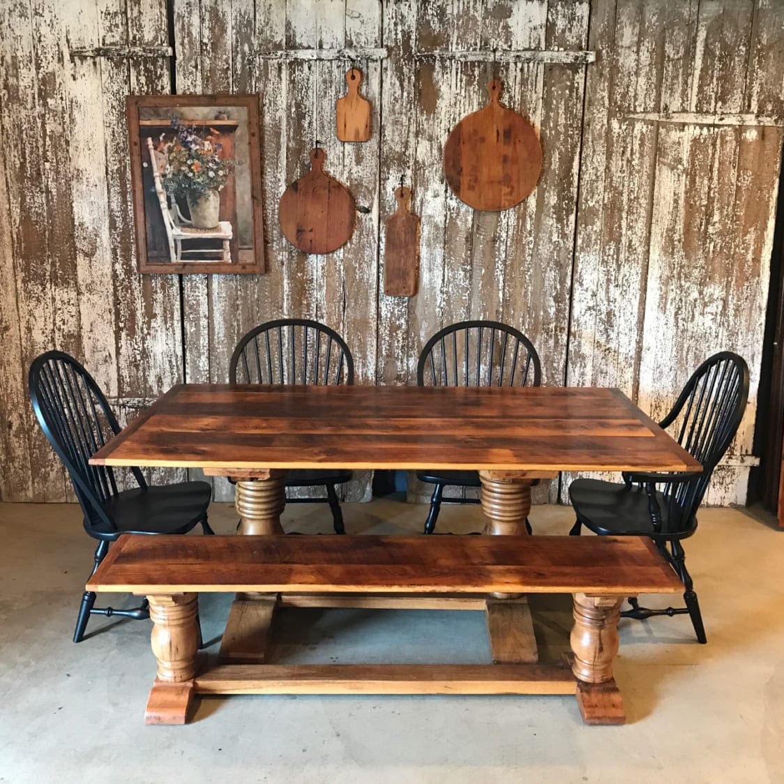 Rustic Oak table, New England Windsor Chairs, Table and Bench set