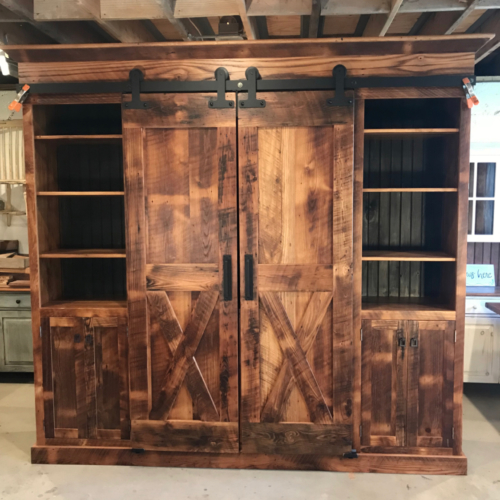 barn door cabinet, chestnut cabinet, cabinet