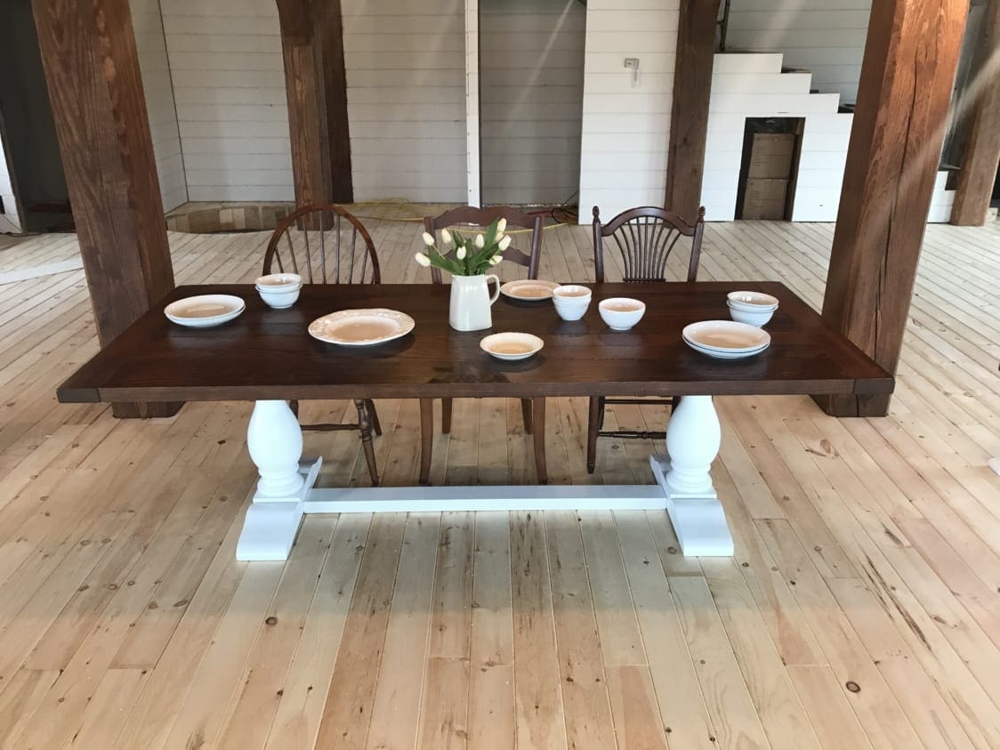 double pedestal table, wood table