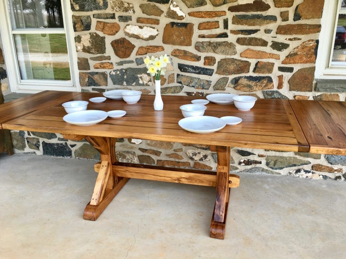 wood table, trestle table, chestnut table