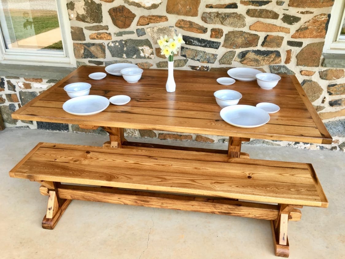 wood table, trestle table, chestnut table